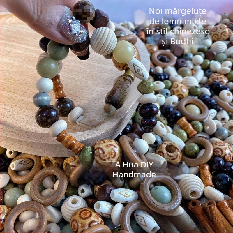 Brățară cu mărgele Bodhi și din lemn, realizare manuală, mărgele cu găuri, închidere cu șnur, stil antic