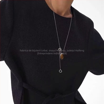 Colier cu piatră Tiger Eye, bază metalică, electroplatinare, formă geometrică, lanț șarpe, unisex