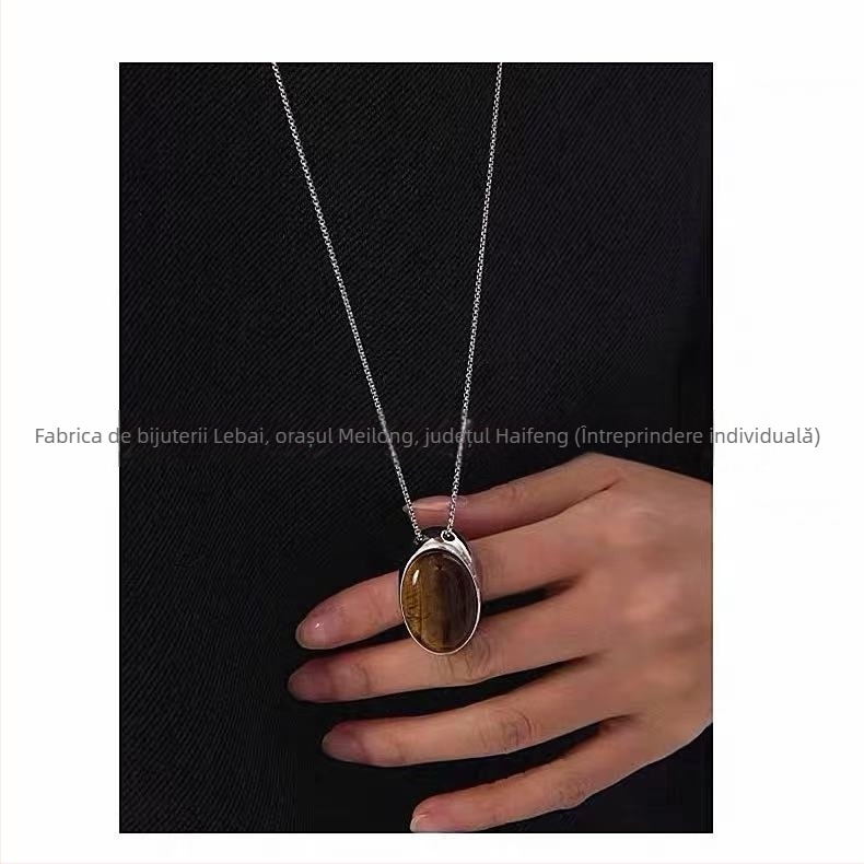 Colier cu piatră Tiger Eye, bază metalică, electroplatinare, formă geometrică, lanț șarpe, unisex