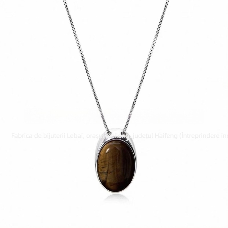 Colier cu piatră Tiger Eye, bază metalică, electroplatinare, formă geometrică, lanț șarpe, unisex