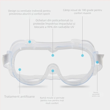 Ochelari de protecție Four-Bead – antifog, protecție la praf, curea elastică, lentilă 2.0 mm, transparență 99%, ramă din polififibă