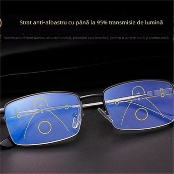 Ochelari de prezbiopie – fără ramă, formă pătrată, lentile PC, progresivi interni, anti-lumină albastră, pentru vedere de la distanță la aproape