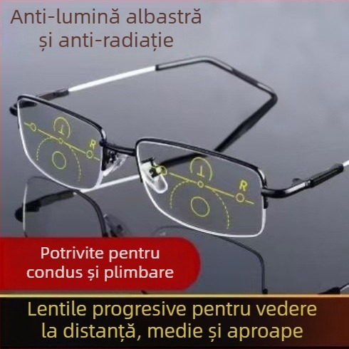 Ochelari de prezbiopie – fără ramă, formă pătrată, lentile PC, progresivi interni, anti-lumină albastră, pentru vedere de la distanță la aproape
