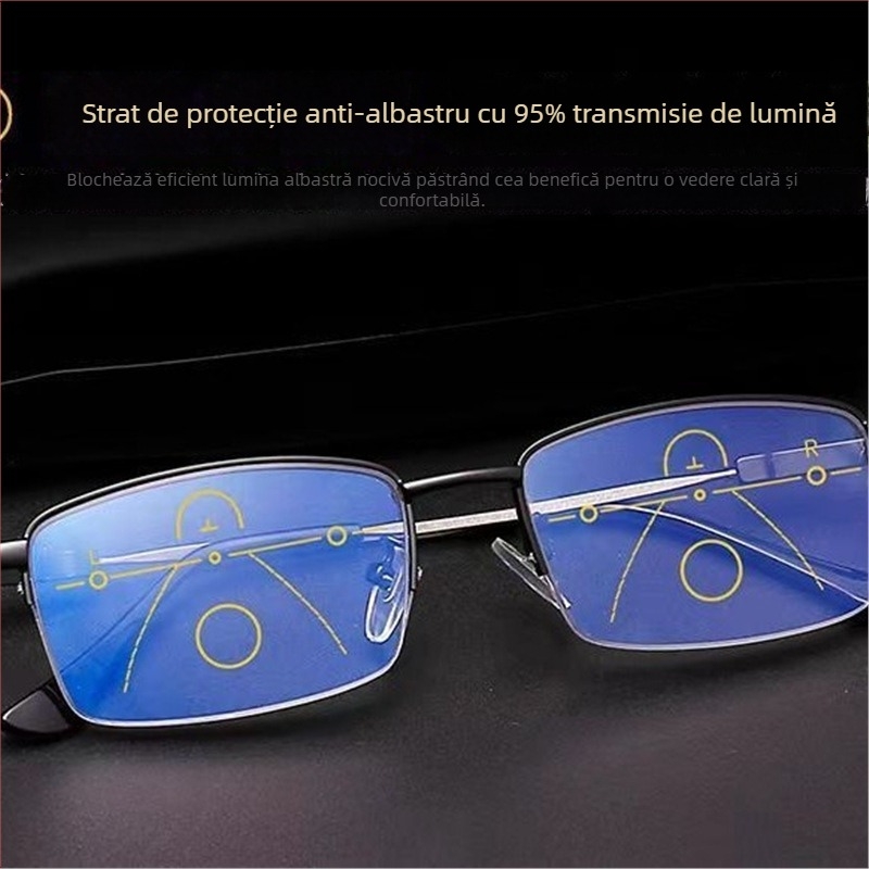 Ochelari de prezbiopie – fără ramă, formă pătrată, lentile PC, progresivi interni, anti-lumină albastră, pentru vedere de la distanță la aproape