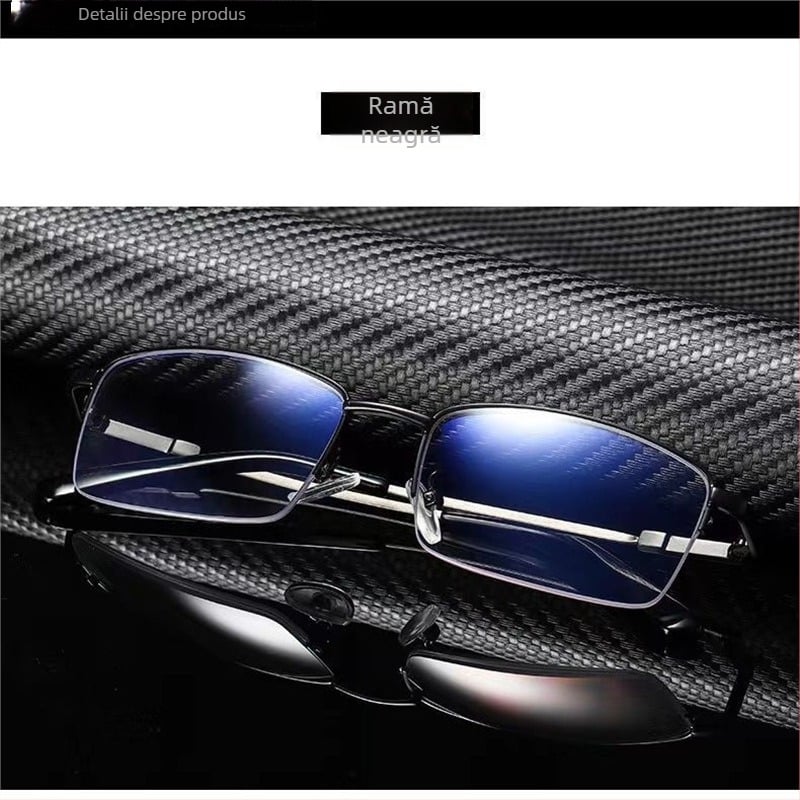 Ochelari de prezbiopie – fără ramă, formă pătrată, lentile PC, progresivi interni, anti-lumină albastră, pentru vedere de la distanță la aproape