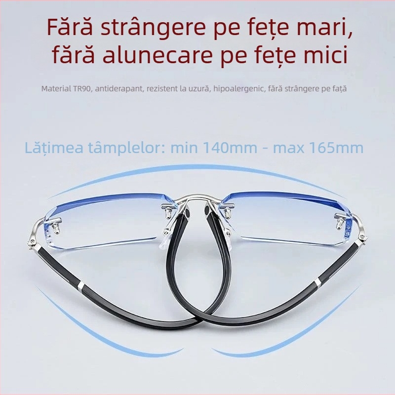 Ochelari de presbiopie pentru bărbați – fără ramă, ramă pătrată, lentile PC, protecție împotriva luminii albastre, ramă metalică