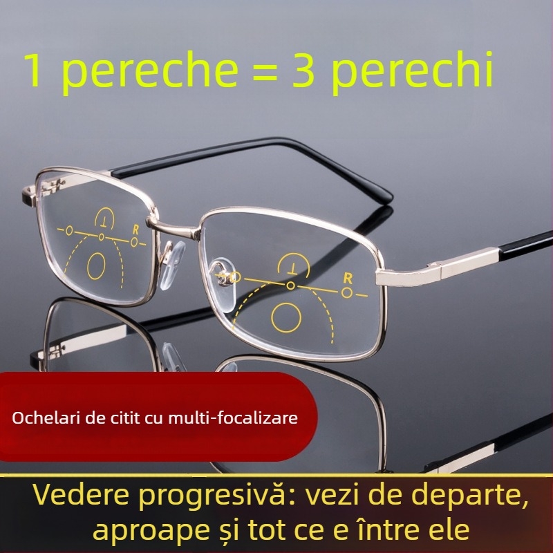 Ochelari de lectură cu lentile progresive multifocale, lentile PC, ramă din metal, model 4070, anti-lumină albastră, pentru distanță și aproape