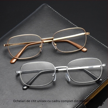 Ochelari de lectură cu ramă metalică completă, lentile din rășină, unisex, presbiopici, ramă polygonală, stil retro artistic