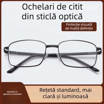 Ochelari de citit cu lentile din sticlă, ramă metalică, cadru complet, formă pătrată, stil practic și versatil pentru seniori