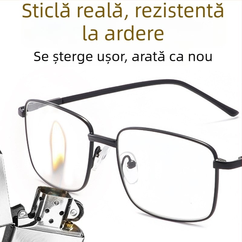 Ochelari de citit cu lentile din sticlă, ramă metalică, cadru complet, formă pătrată, stil practic și versatil pentru seniori