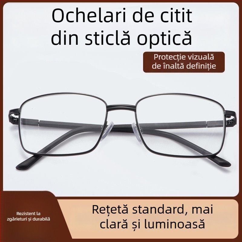 Ochelari de citit cu lentile din sticlă, ramă metalică, cadru complet, formă pătrată, stil practic și versatil pentru seniori