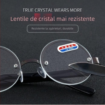 Ochelari de lectură cu rame rotunde fără ramă, lentile din rășină, multifocal pentru aproape și departe, anti-lumină albastră, stil business elegant minimalist