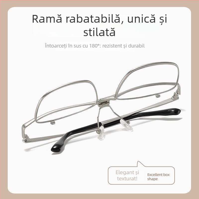 Ochelari de citit Elderly 100 cu anti-lumină albastră, lentile din rășină, 180° flip-up, ramă completă pătrată din metal, toamnă 2024