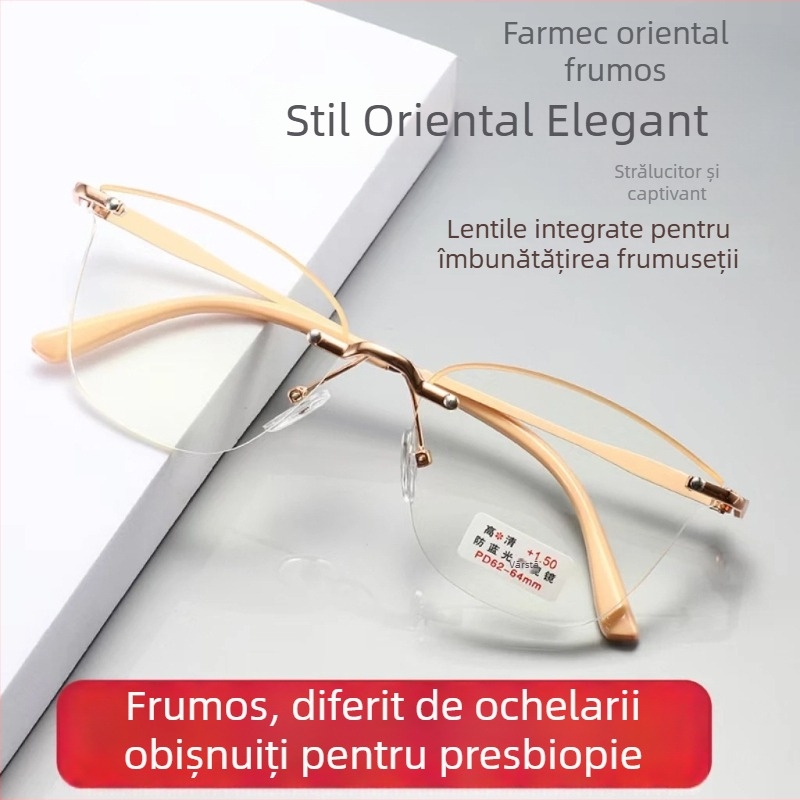 Ochelari de citit fără ramă, ultra-ușori, lentile din rășină, anti-lumină albastră, pentru față ovală
