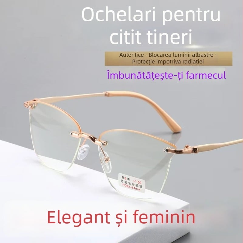 Ochelari de citit fără ramă, ultra-ușori, lentile din rășină, anti-lumină albastră, pentru față ovală