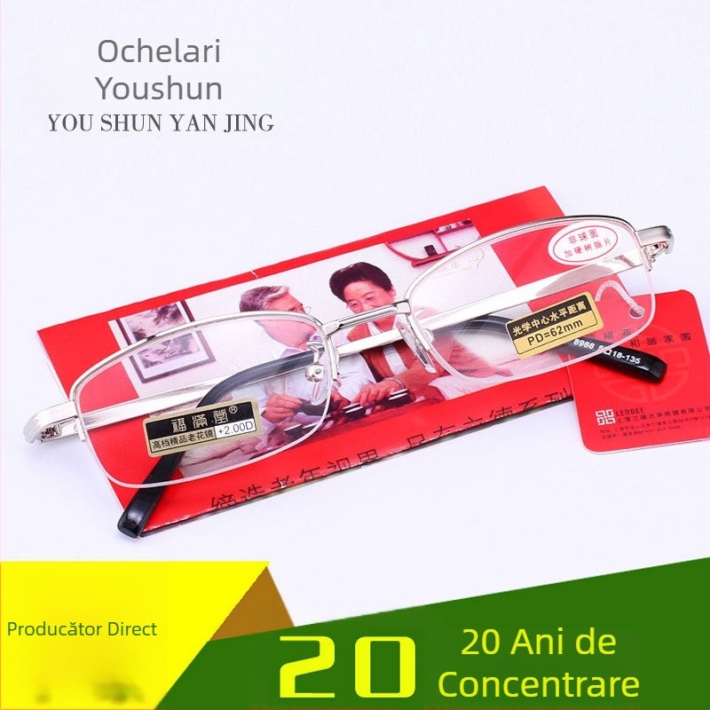 Ochelari de citit unisex, ramă metalică cu jumătate, lentile AC, stil business elegant