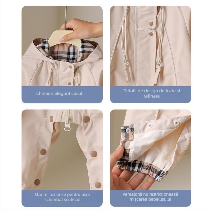 Body de bebe cu glugă și fermoar, Versiune coreeană, Model carouri, Primăvară-Toamnă, Unisex, vârstă 0–1 ani