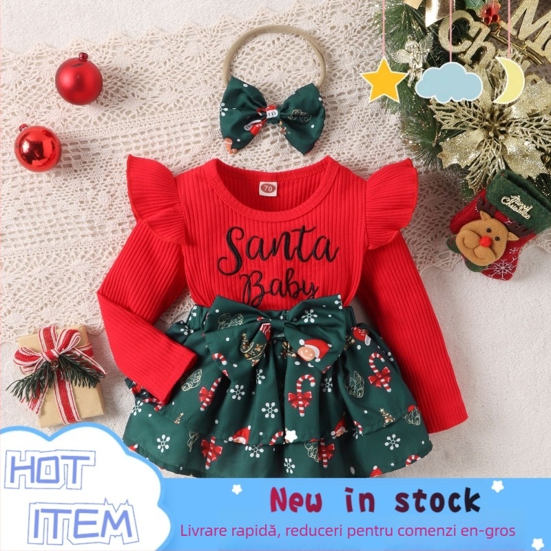 Rochie pentru fetițe din bumbac cu mâneci lungi, imprimeu cu litere, fustă atașată, fundă și turbán