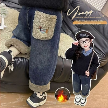 Jeansi pentru copii cu fleece de alpacă, pantaloni groși pentru băieți și fete, talie medie, țesătură moale din bumbac-poliester 55%