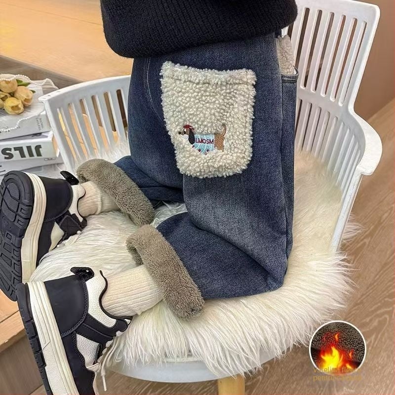 Jeansi pentru copii cu fleece de alpacă, pantaloni groși pentru băieți și fete, talie medie, țesătură moale din bumbac-poliester 55%