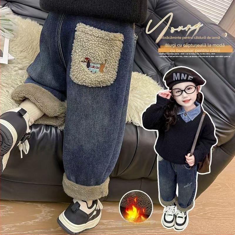 Jeansi pentru copii cu fleece de alpacă, pantaloni groși pentru băieți și fete, talie medie, țesătură moale din bumbac-poliester 55%