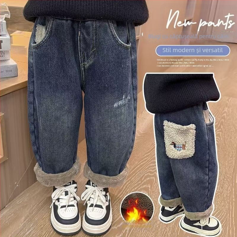 Jeansi pentru copii cu fleece de alpacă, pantaloni groși pentru băieți și fete, talie medie, țesătură moale din bumbac-poliester 55%