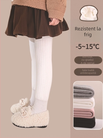 Leggings de iarnă pentru fetițe, căptușeală fleece, dungi verticale, amestec de bumbac (75,6% bumbac, 21,8% poliester, 2,6% elastan), talie medie