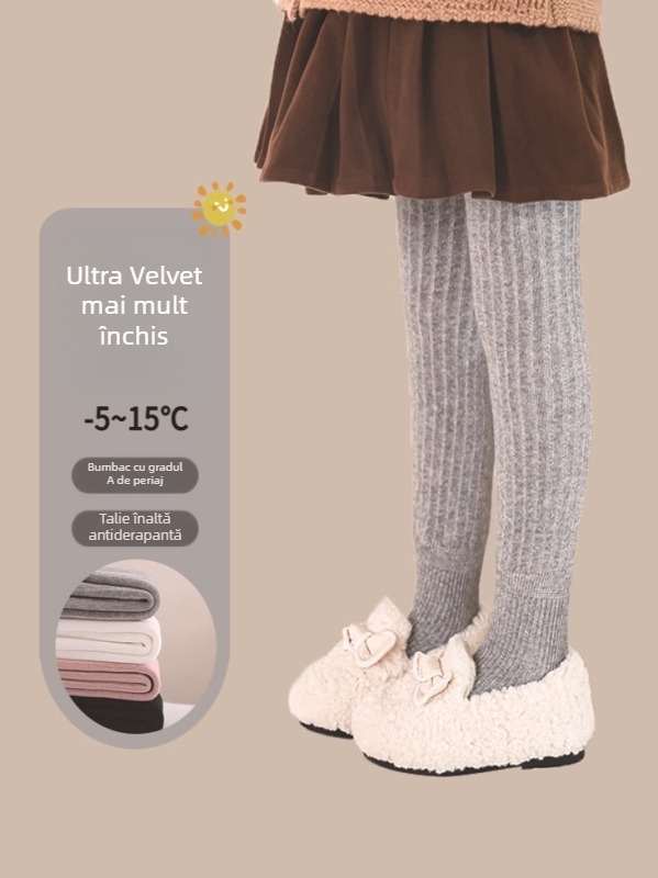 Leggings de iarnă pentru fetițe, căptușeală fleece, dungi verticale, amestec de bumbac (75,6% bumbac, 21,8% poliester, 2,6% elastan), talie medie