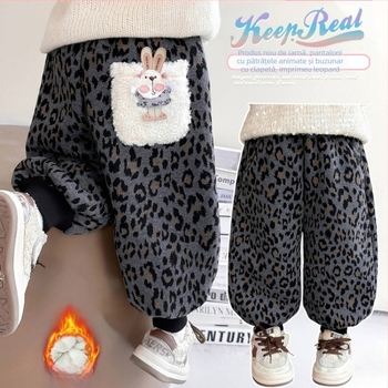 Pantaloni fleece cu imprimeu leopard pentru fetițe, stil coreean, 80% bumbac, vârste 3–8 ani, toamnă 2025