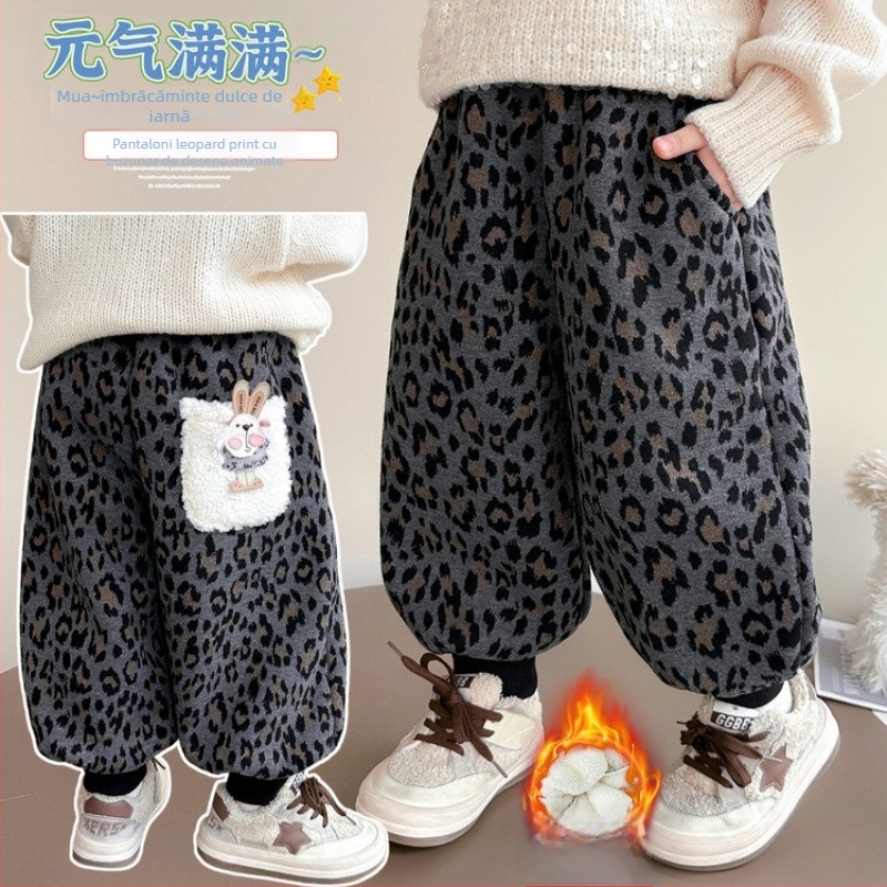 Pantaloni fleece cu imprimeu leopard pentru fetițe, stil coreean, 80% bumbac, vârste 3–8 ani, toamnă 2025