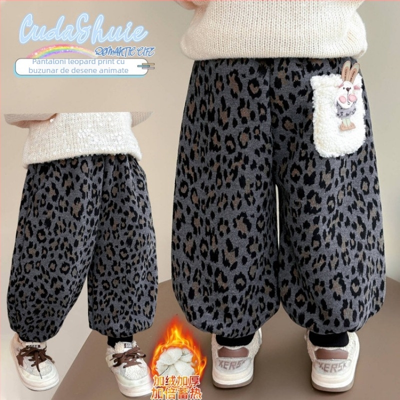 Pantaloni fleece cu imprimeu leopard pentru fetițe, stil coreean, 80% bumbac, vârste 3–8 ani, toamnă 2025