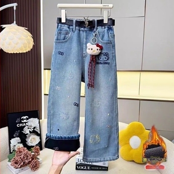Jeansi din denim pentru fete, stil coreean, iarnă, 70% bumbac, model cu desene, talie medie cu elastic, țesătură moale