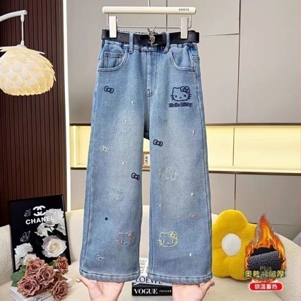 Jeansi din denim pentru fete, stil coreean, iarnă, 70% bumbac, model cu desene, talie medie cu elastic, țesătură moale