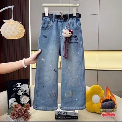 Jeansi din denim pentru fete, stil coreean, iarnă, 70% bumbac, model cu desene, talie medie cu elastic, țesătură moale
