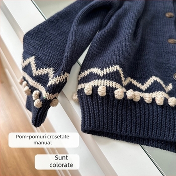 Cardigan tricotat pentru copii, în dungi, 100% bumbac, mâneci lungi, închidere cu nasture simplu, rever, tricot gros