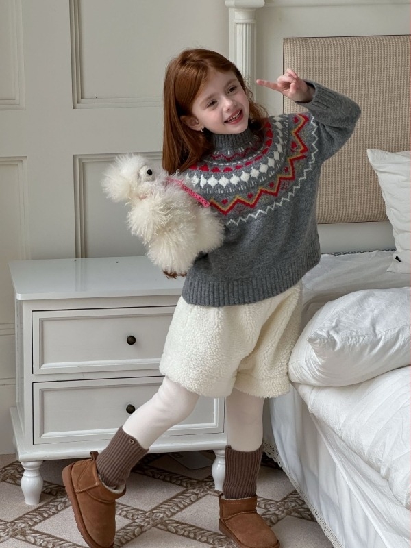 Pulover tricotat pentru fete, jacquard gros, iarnă 2025, guler rotund, mâneci lungi, pentru 3-8 ani.