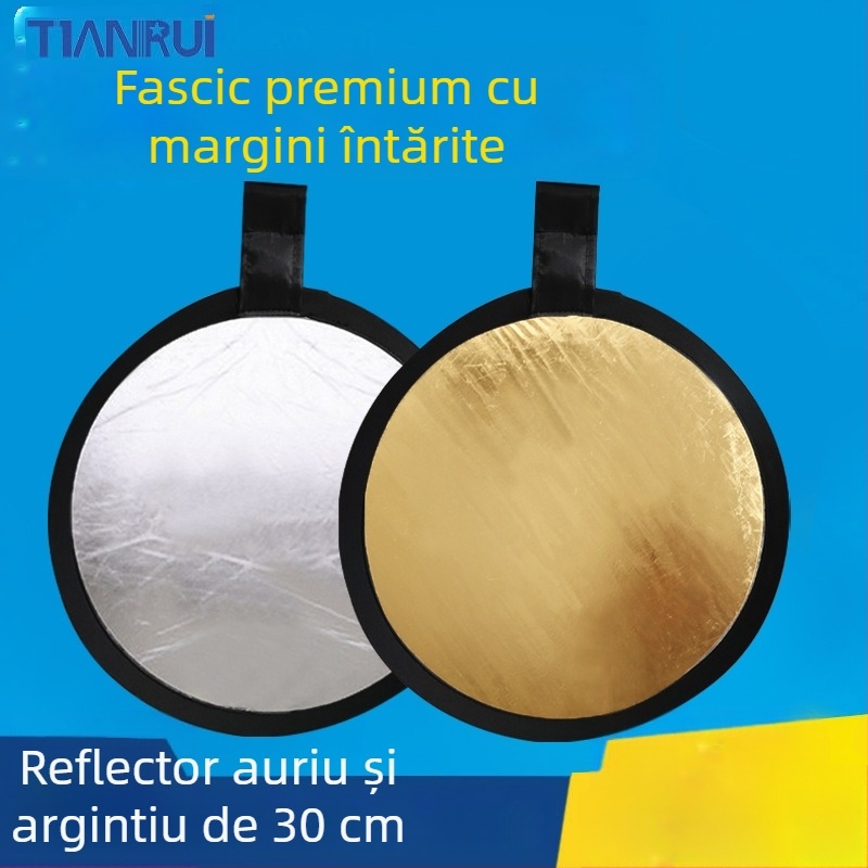 Reflector cinci în unu, cu două fețe, pliabil și portabil pentru fotografie profesională, rotund, din țesătură reflectorizantă.