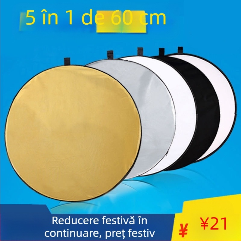 Reflector cinci în unu, cu două fețe, pliabil și portabil pentru fotografie profesională, rotund, din țesătură reflectorizantă.