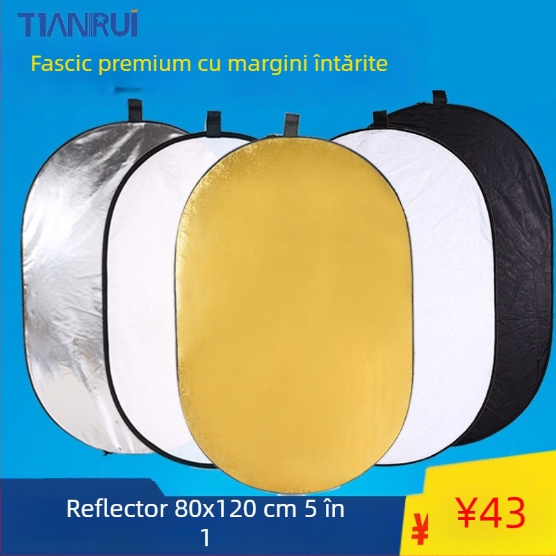 Reflector cinci în unu, cu două fețe, pliabil și portabil pentru fotografie profesională, rotund, din țesătură reflectorizantă.