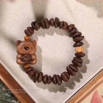 Brățară din mărgele de lemn de cafea - în formă de urs, handmade, design drăguț, unisex
