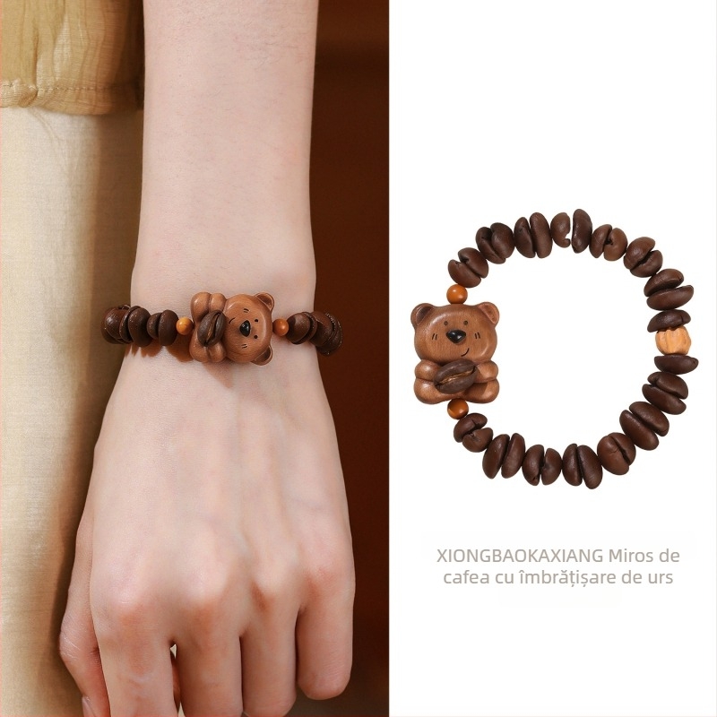 Brățară din mărgele de lemn de cafea - în formă de urs, handmade, design drăguț, unisex