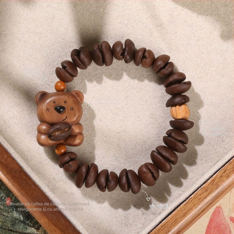 Brățară din mărgele de lemn de cafea - în formă de urs, handmade, design drăguț, unisex