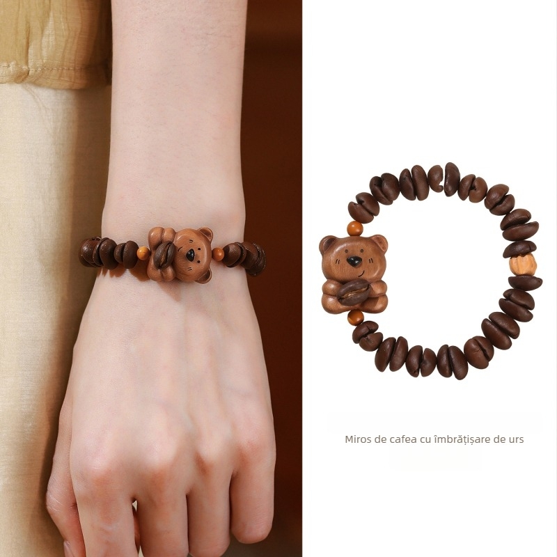 Brățară din mărgele de lemn de cafea - în formă de urs, handmade, design drăguț, unisex