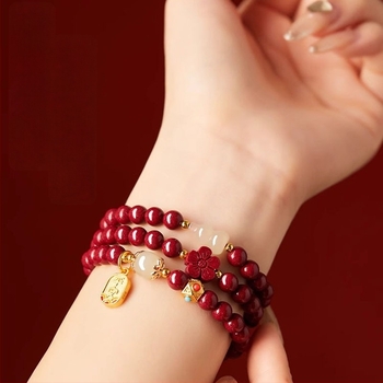 Brățară din cinnabar pentru femei, lucrată manual, cu mărgele Buddha în trei cercuri și motiv animal zodiac, în stil nou chinezesc, potrivită ca suvenir de călătorie
