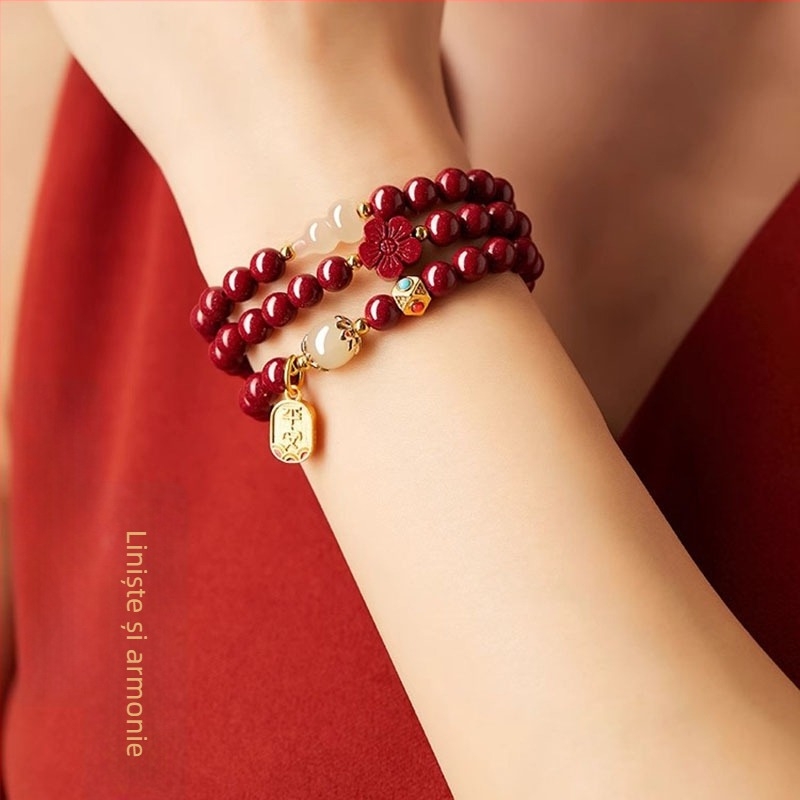 Brățară din cinnabar pentru femei, lucrată manual, cu mărgele Buddha în trei cercuri și motiv animal zodiac, în stil nou chinezesc, potrivită ca suvenir de călătorie