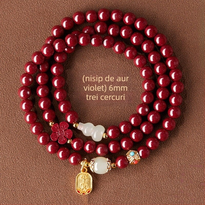 Brățară din cinnabar pentru femei, lucrată manual, cu mărgele Buddha în trei cercuri și motiv animal zodiac, în stil nou chinezesc, potrivită ca suvenir de călătorie