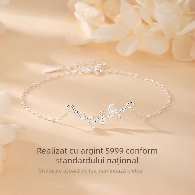 Brățară din argint cu frunză de Gingko pentru femei, argint S999 pur, model primăvară 2025, placare electroplată