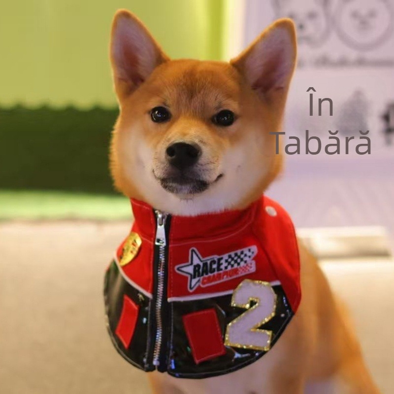 Bib pentru câini în stil F1 — detalii din piele, material: bumbac + piele, potrivire universală, pentru toate sezoanele, stil lejer