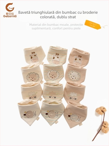 Bibs triunghi Gebornla/Song Bella, bumbac peste 95%, imprimeu cartoon, siguranță Clasa A, pentru sugari și copii 1–3 ani