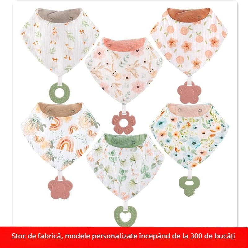 Xiaokaka Bavetă pentru bebeluși cu buzunar – din tifon de bumbac, design triunghiular, anti-murdărire, pentru copii 1–3 ani